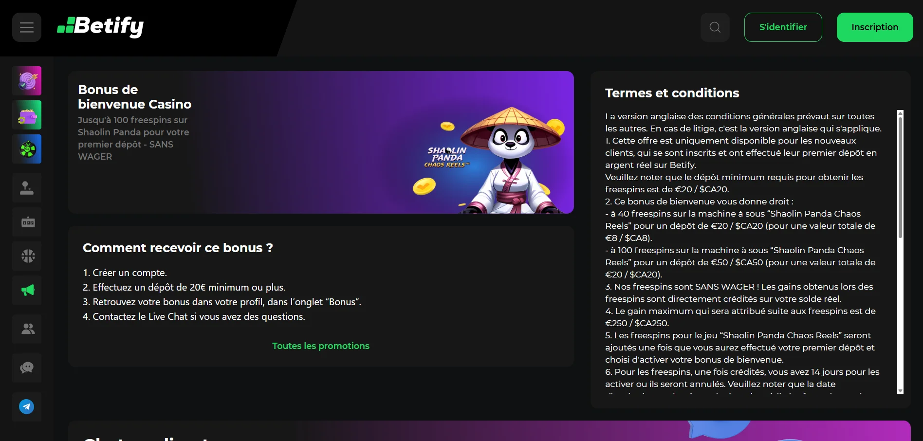 Betify casino bonus de bienvenue